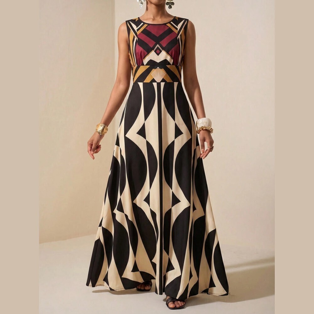 Black Cream Geometric Print Sleeveless A-Line Lightweight Maxi Dress